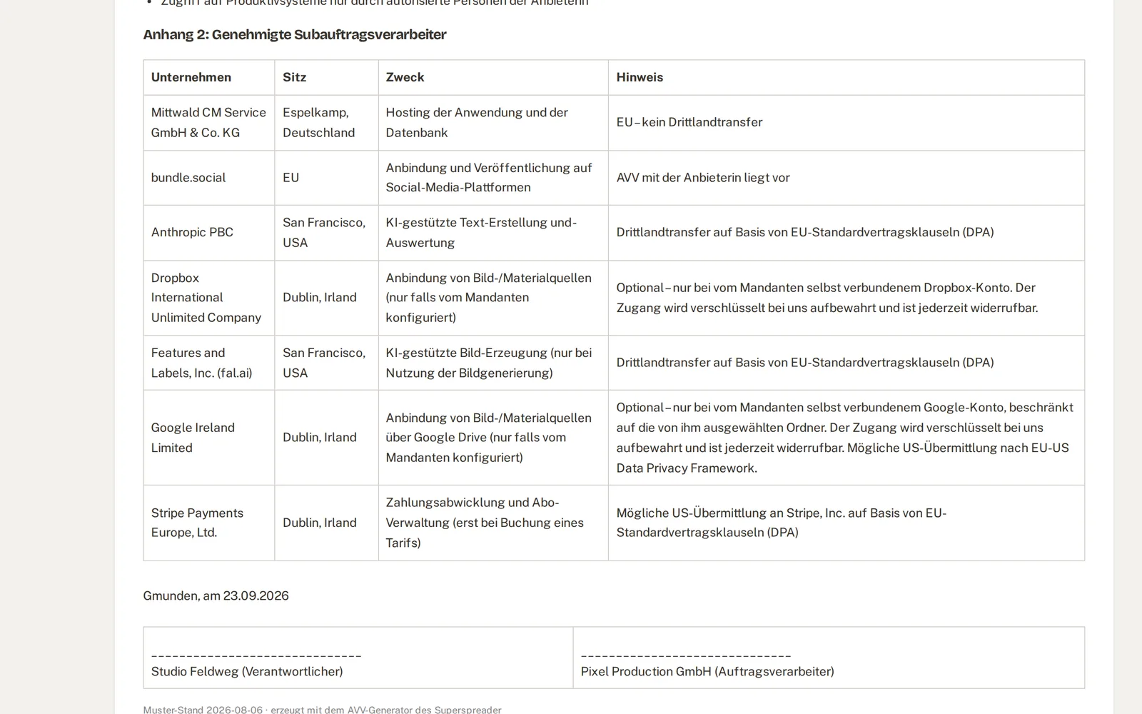 Liste der Subauftragsverarbeiter mit Sitz, Zweck und Rechtsgrundlage