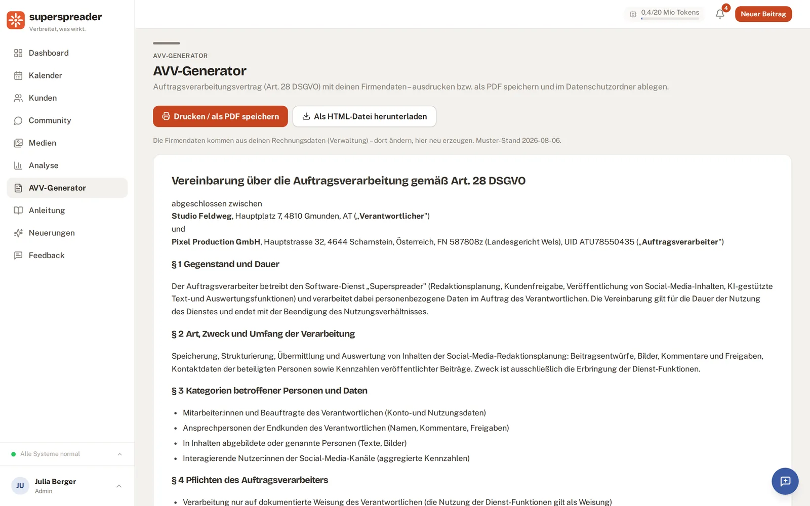 AVV-Generator mit befüllten Firmendaten