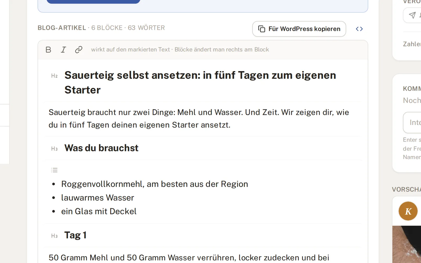 Blog-Editor mit Blöcken und Knopf Für WordPress kopieren