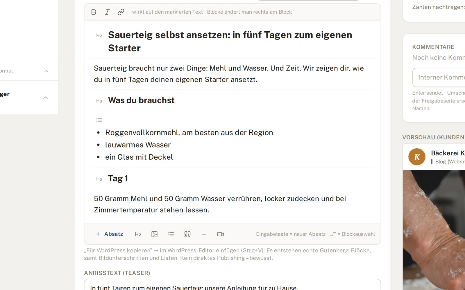 Knopf Für WordPress kopieren über dem fertigen Artikel