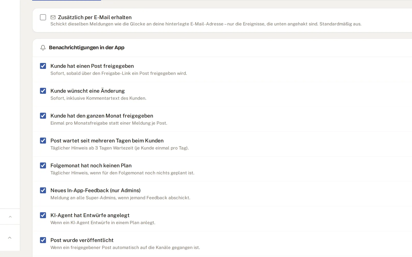 Einstellungen mit einem Schalter je Meldungsart und E-Mail-Option