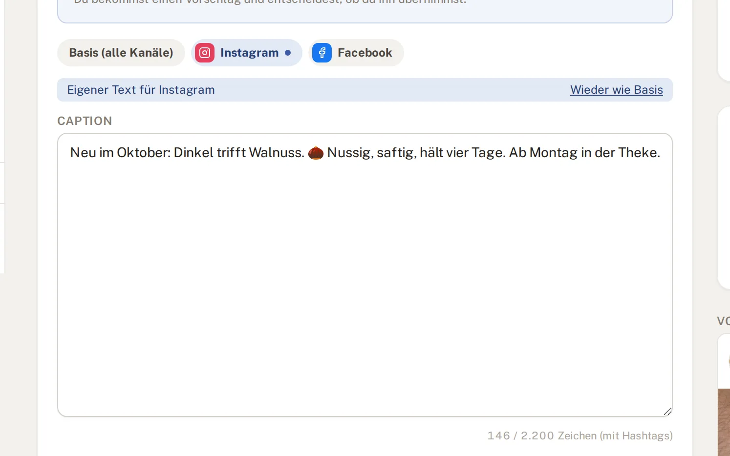 Kanal-Reiter im Editor mit eigenem Text für Instagram
