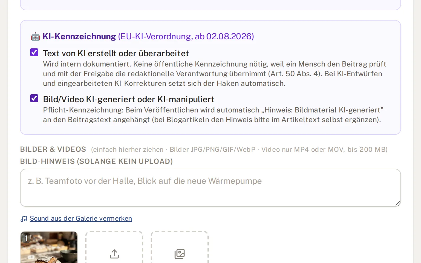 KI-Kennzeichnung im Beitrag mit gesetztem Haken für KI-Bild