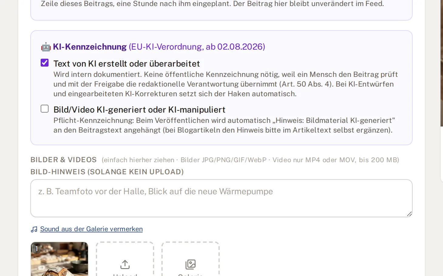 KI-Kennzeichnungs-Block im Beitrag mit Erklärung