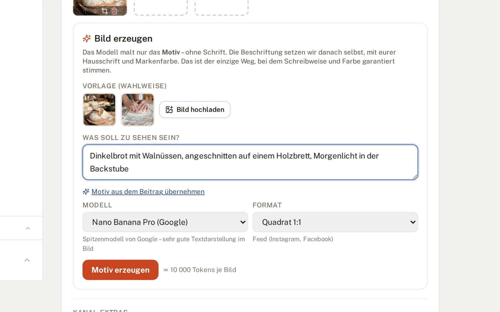 Bild-Dialog mit Motivbeschreibung, Modell- und Formatauswahl