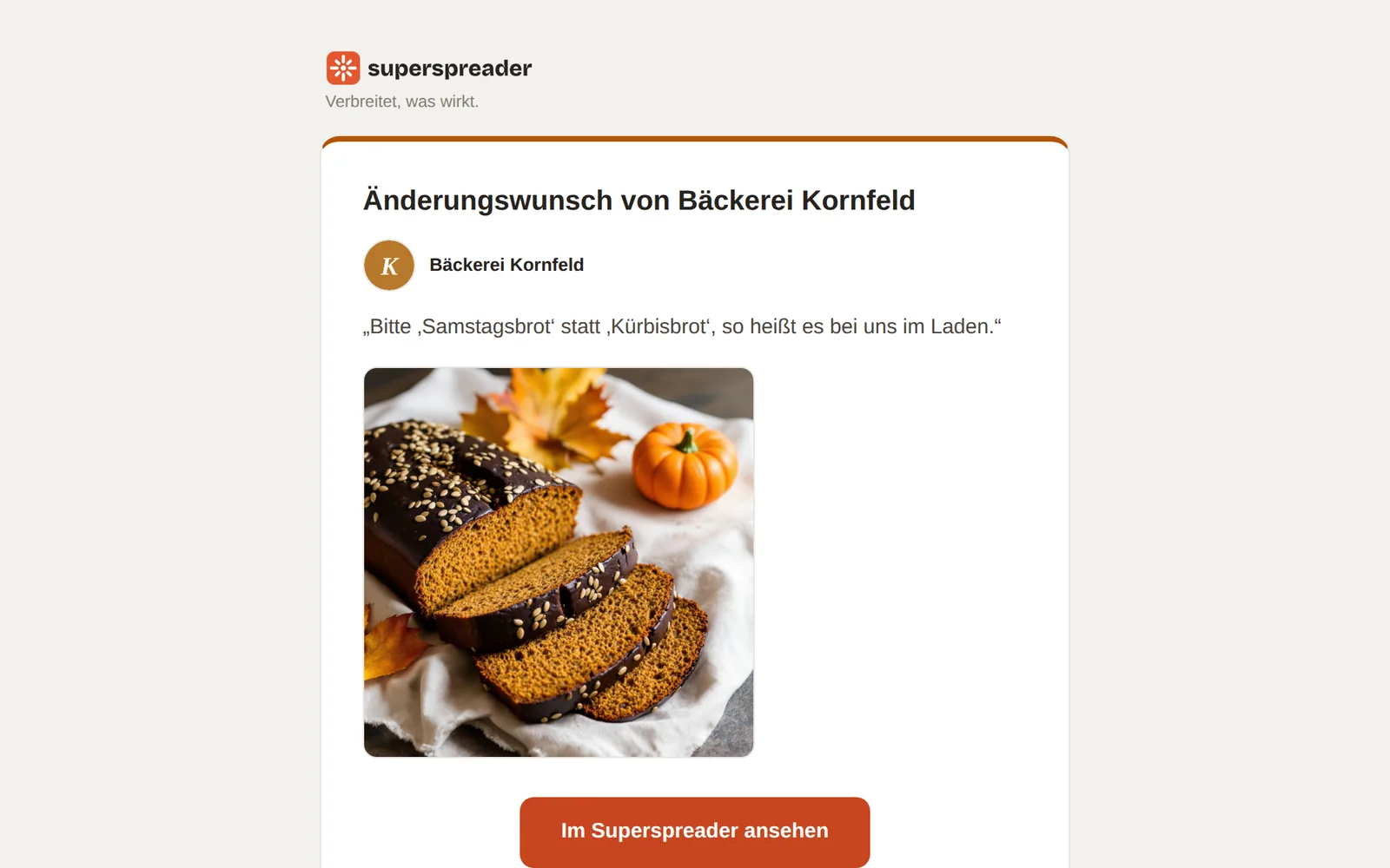 Benachrichtigungs-E-Mail mit Kundenlogo, Änderungswunsch und Beitragsbild