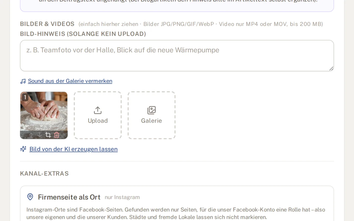 Medienbereich im Beitrag mit Formathinweis, Upload und Galerie