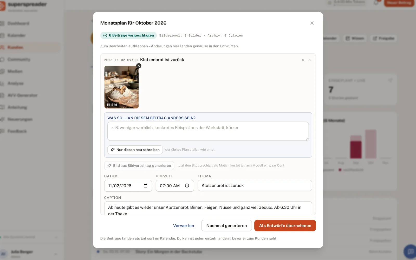 Vorschlag für den ganzen Monat, ein Beitrag aufgeklappt zum direkten Bearbeiten