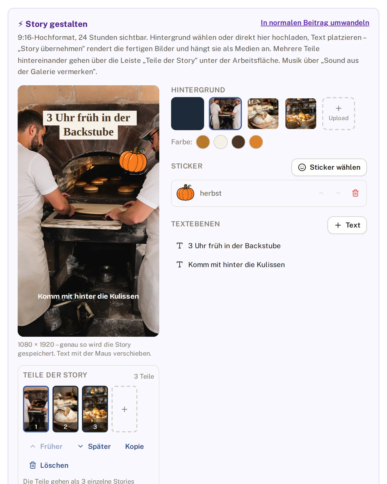 Story-Editor mit Hintergrund, Markenfarben, Sticker und Textebenen