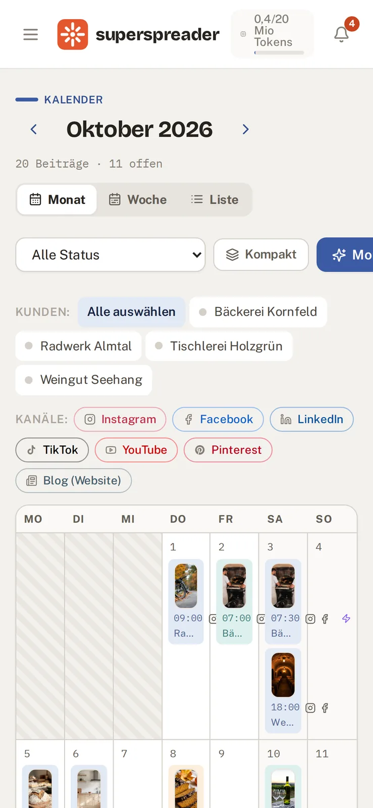 Kalender am Handy mit Beiträgen und Story