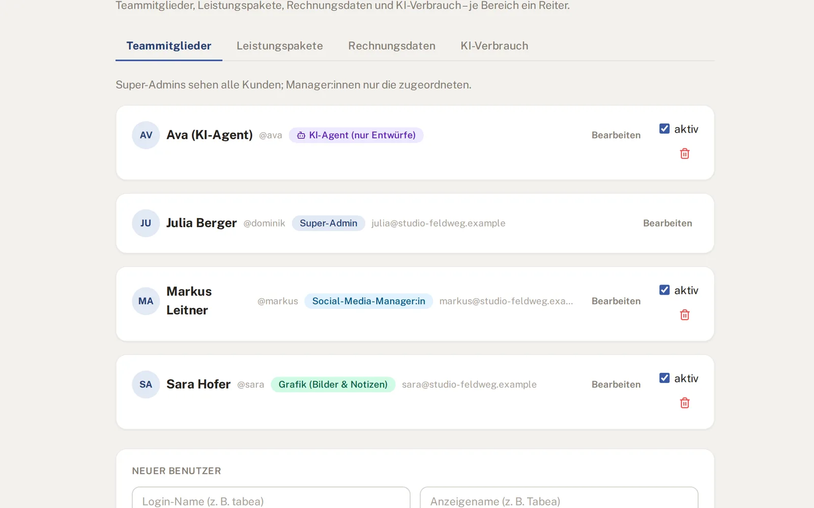 Benutzerverwaltung mit Rollen Admin, Social-Media-Manager, Grafik und KI-Agent