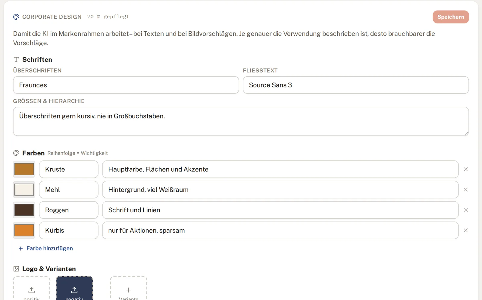 Corporate Design eines Kunden mit Schriften und Farben samt Verwendungszweck