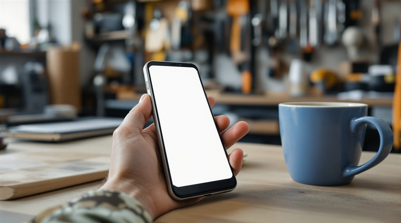 Hand mit Smartphone an der Werkbank eines Handwerksbetriebs, Werkzeug im Hintergrund