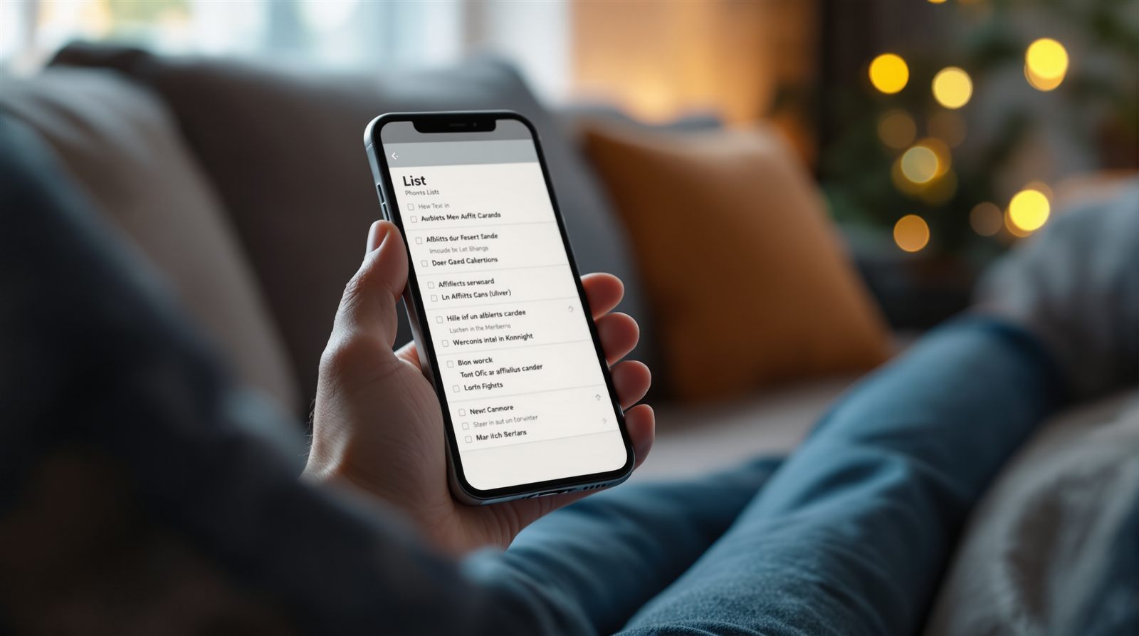 Hand hält abends auf dem Sofa ein Smartphone mit einer Liste von Beitragskarten